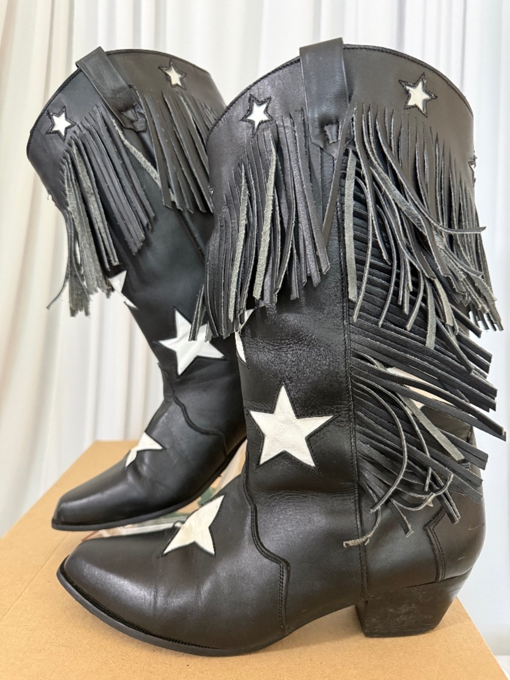 Oak Tree Farms Liberty Black Leather Star Fringe Western Cowboy Boots 8M